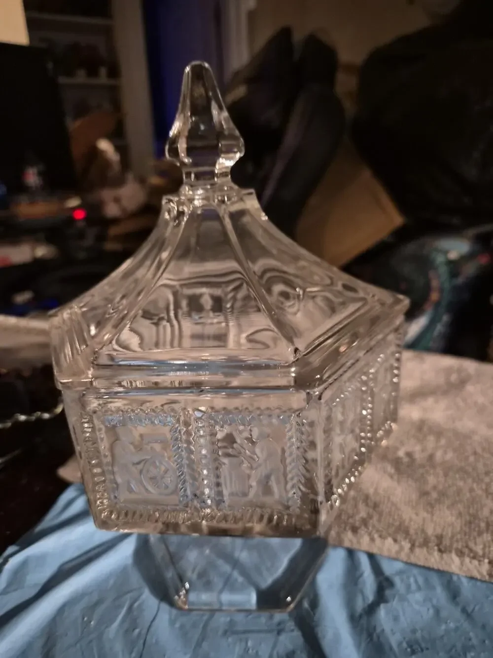 Vintage Imperial Glass Clear Lidded Candy Dish Compote with An Distinctive Hexag